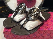 Excellent Tory Burch Miller Brown Smooth Leather Croc Logo Sandals Sz 9 M W/Box