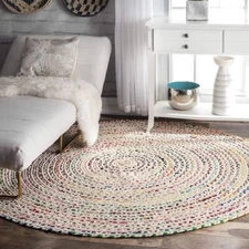 Round Cotton Carpet White Hand Braided Style Rustic Look Rug for Living Room