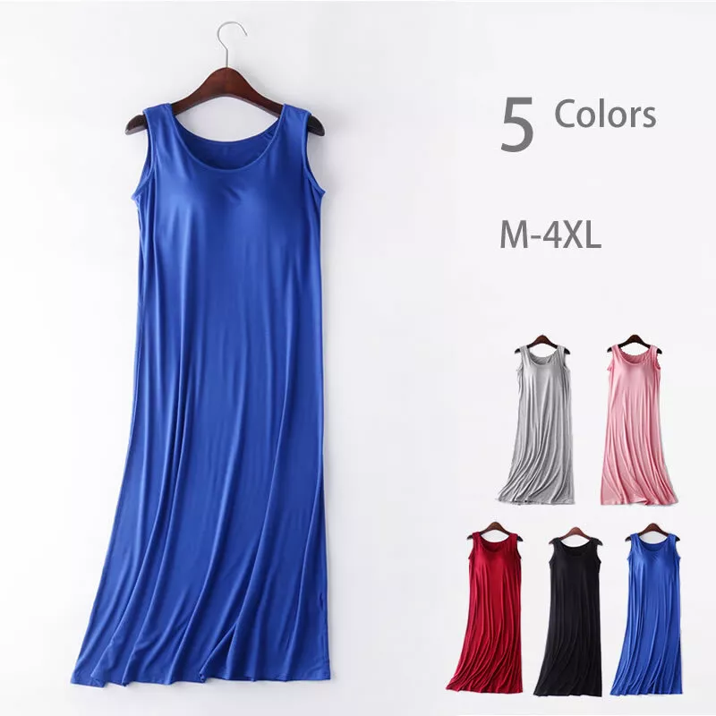 Soft Built In Bra Wireless Midi Cami Tank Dress Patio Nightgown Lounge  Sleepwear