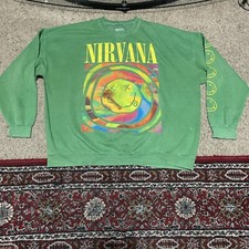Nirvana Men  s Oversized Green Smiley Face Sweatshirt Long Sleeve Crew Neck L/XL