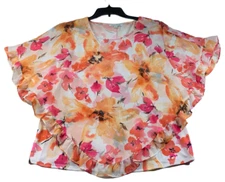 Studios Works Blouse Womens Size Medium White Floral Pattern Poncho