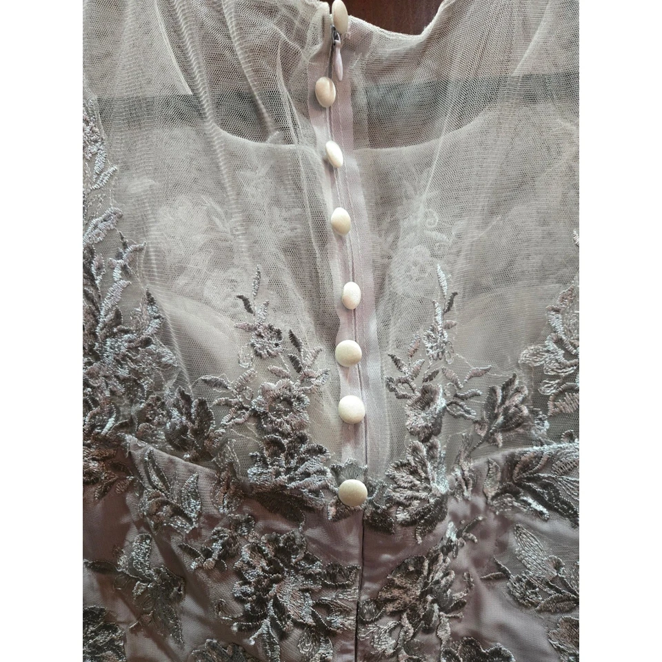 Elegante Top de Encaje Gris Manga 3/4 Mono Pierna Ancha Vestido Falda Superposición Foto 4 de 4