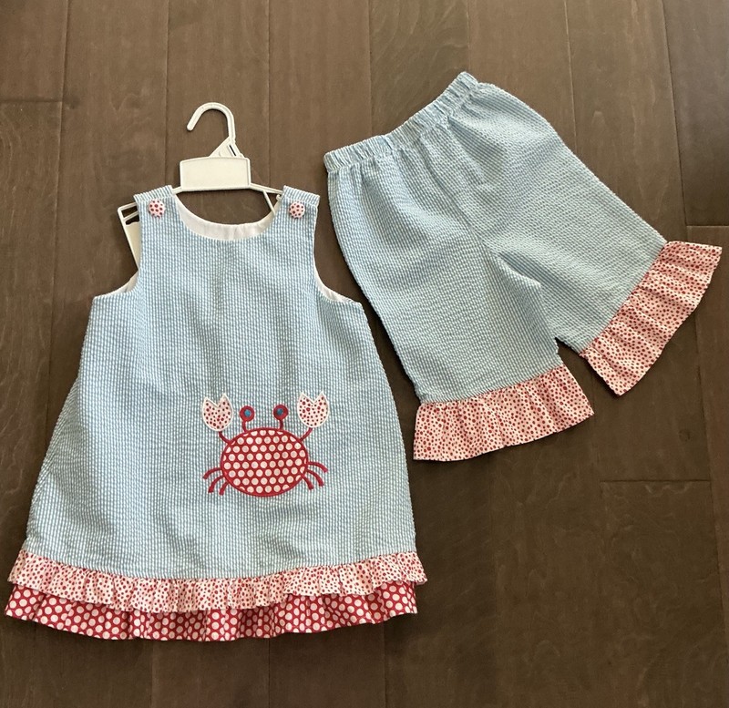 MULBERRY ST.-Sz.4-Little Girl Dress/Pants-Crab-Aqua Seersucker Stripe/Dot-Ruffle