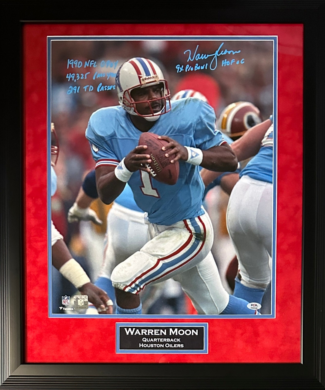 Warren Moon signed inscribed framed 16x20 photo NFL Houston Oilers PSA suede 