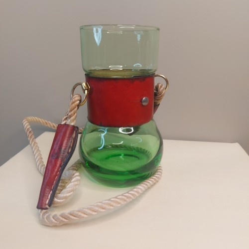 Vntg Blown Green Glass Leather Hands Free Cocktail Beer Tumbler Lanyard w/Image - Picture 2 of 8