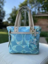 Coach Blue Signature Canvas Tote Bag Leather Trim F10805 + Beaded Keychain Y2K