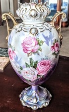 19thC RS Prussia Dbl Handled Jewel Mold Vase Roses Iridescent Finish 10