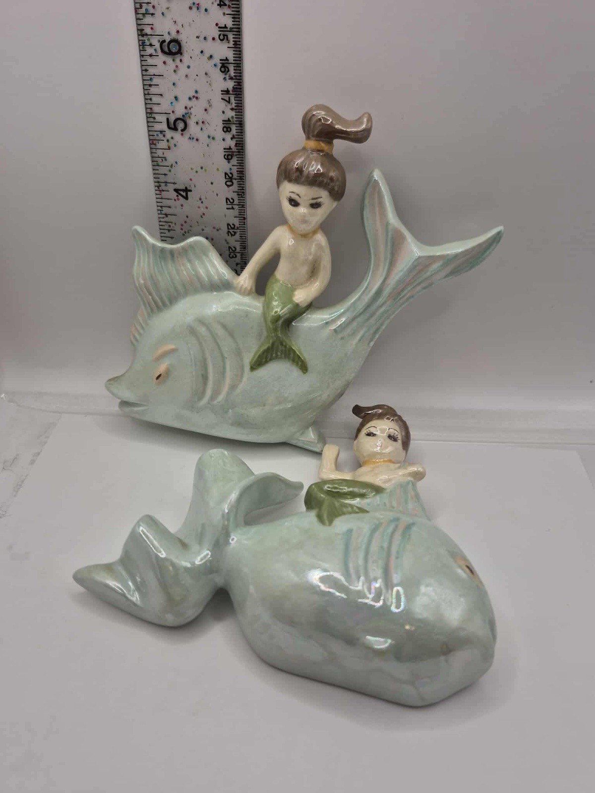 Vintage RARE Mermaid Riding Fish Wall Plaque Set -Retro Arnels Chalkware