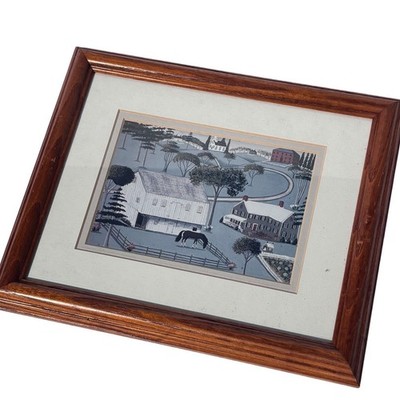 Vintage Folk Art Framed Print Colonial Farm House Barn Horse Americana Decor