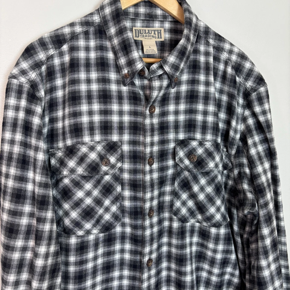 Duluth Trading Co Flannel Shirt Large Gray Plaid Cotton Blend Button-Front Men's - Image 2 of 4