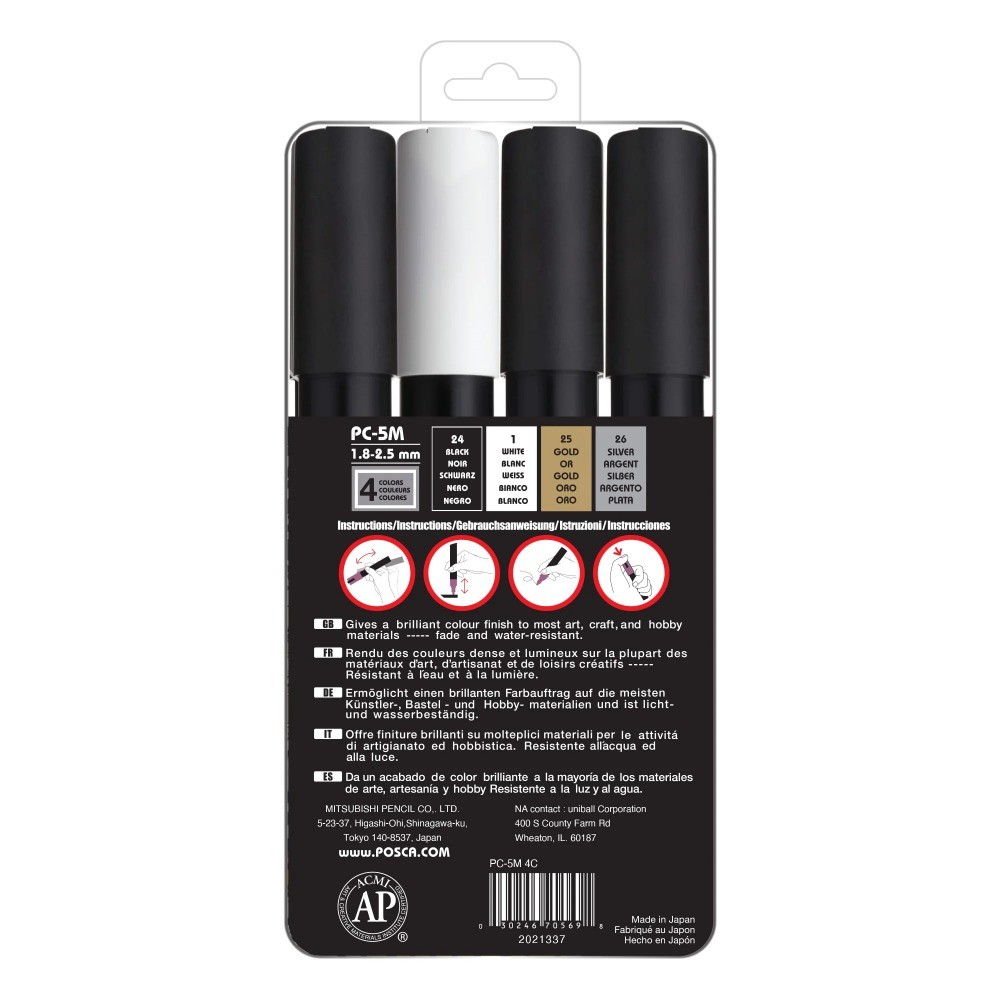 POSCA PC-5M Paint Markers by Uni, 4 Assorted Colors, Med Point,Acrylic Art Pens​