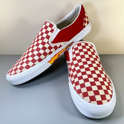 Size 16 - Vans Slip-On Red White Checkerboard Flame Decal Mens Skate Shoes