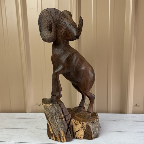 Large Iron Wood Carved Ram Mountain Goat Bighorn Sheep Aries Figurine 16.5” Tall - Picture 8 of 11