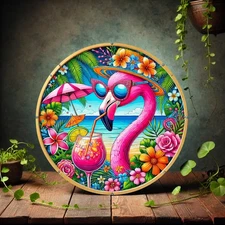 Vibrant Flamingo Beach Vacation 8x8 Round Aluminum Sign - Tropical Metal Wall De