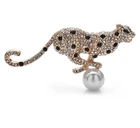 Vintage Leopard Brooch Pin Gold Crystal Rhinestone Pearl Animal Women Jewelry G.