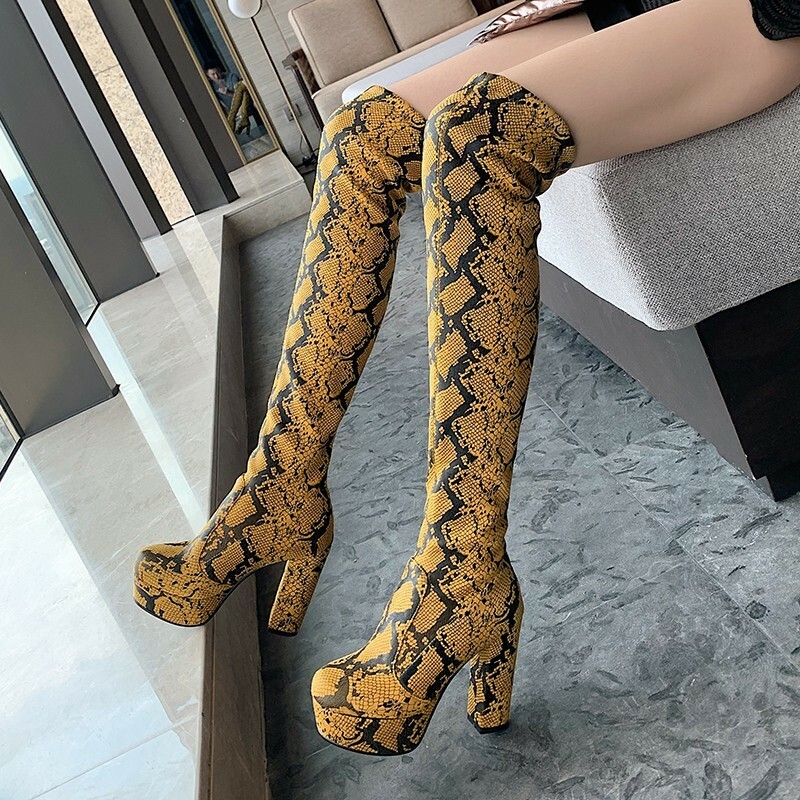 Women Snakeskin Printed Over Knee High Boots Thigh High Heel Shoes