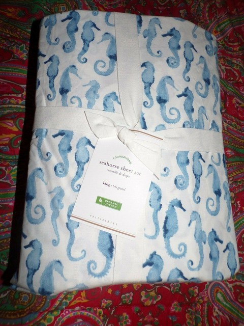 Pottery Barn Seahorse Cotton Percale Sheet Set New King For Sale