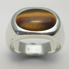 Natural Tiger's Eye Gemstone with 14K White Gold Plated Silver Men's Ring 1606