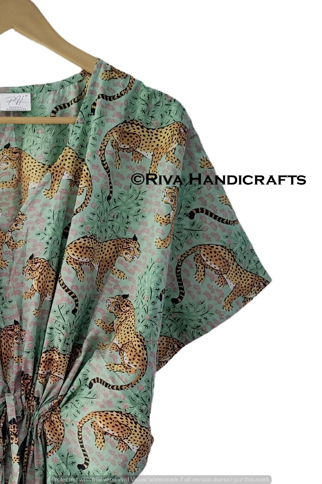 Indian Ethnic Animal Bagheera Print Women Sleepwear MintGreen Caftan