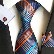 Blue Multi-Color Plaid Necktie, Hanky, Cufflinks Set