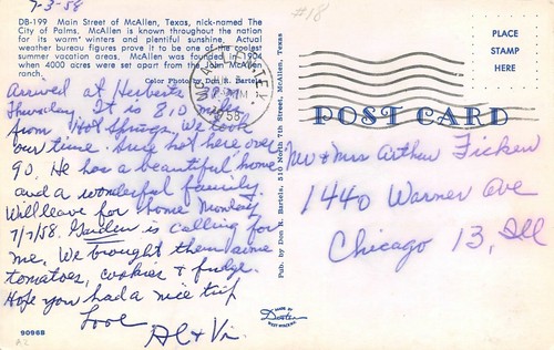 Main St. Palace Theatre Vtg Cars Street Scene McAllen, TX Vtg 1958 Postcard - Imagen 2 de 2