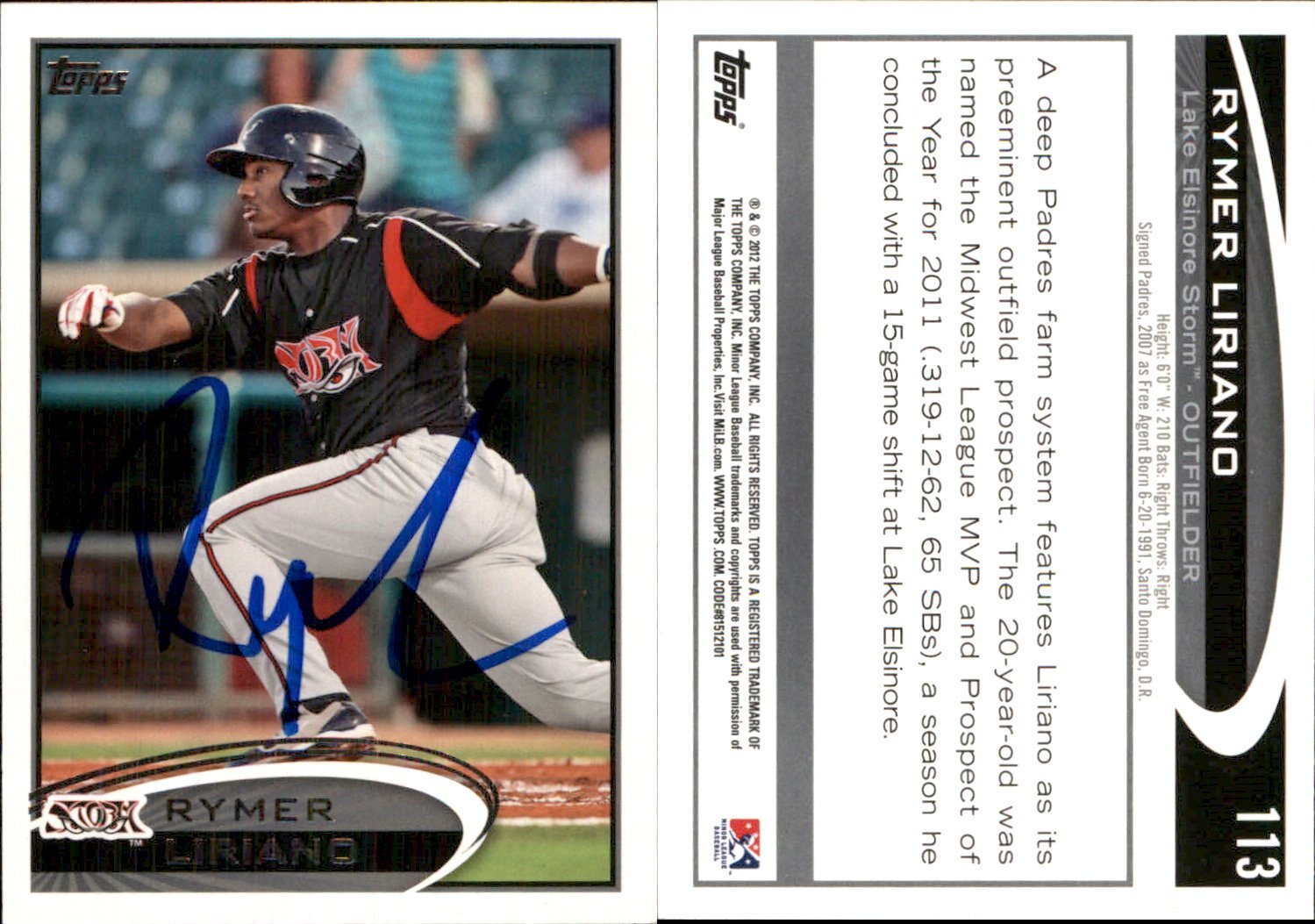 Rymer Liriano Signed 2012 Topps Pro Debut 113 Card Lake Elsinore Storm