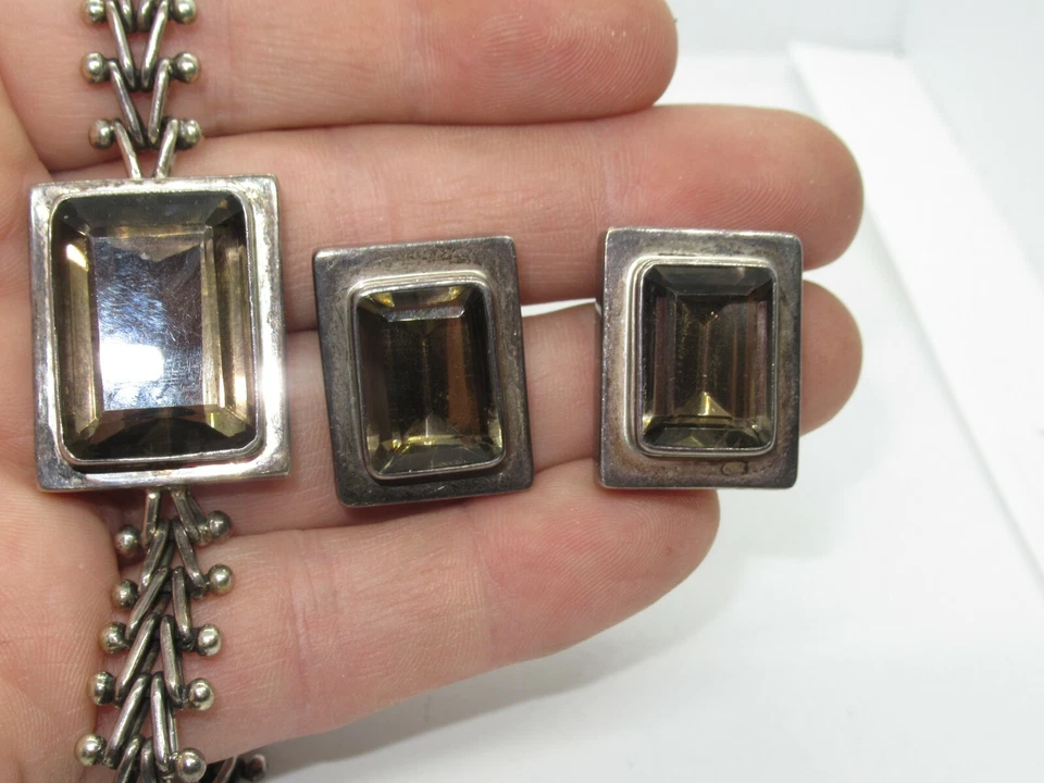 Pulsera y pendientes vintage de topacio ahumado corte esmeralda de plata de ley Lori Bonn  Foto 3 de 4