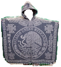 MEXICAN PONCHO WITH HOOD , AZTECA , ONE SIZE , GRAY / LIGHT BROWN
