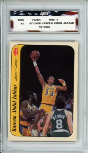 1986 Fleer Sticker #1 Kareem Abdul-Jabbar AGC 9 Mint Los Angeles Lakers