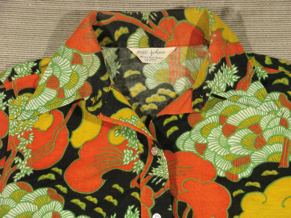 ◎ 70s White Green Psychedelic Poly Top 70's Vintage Sears Fashions L/S Psychedelic Landscape Shirt