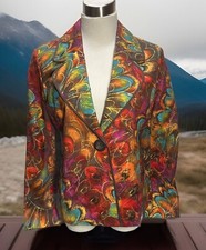 Chicos Blazer Jacket Bold Feather Abstract Gold Metallic Multi Plum Turqse 1 Sm