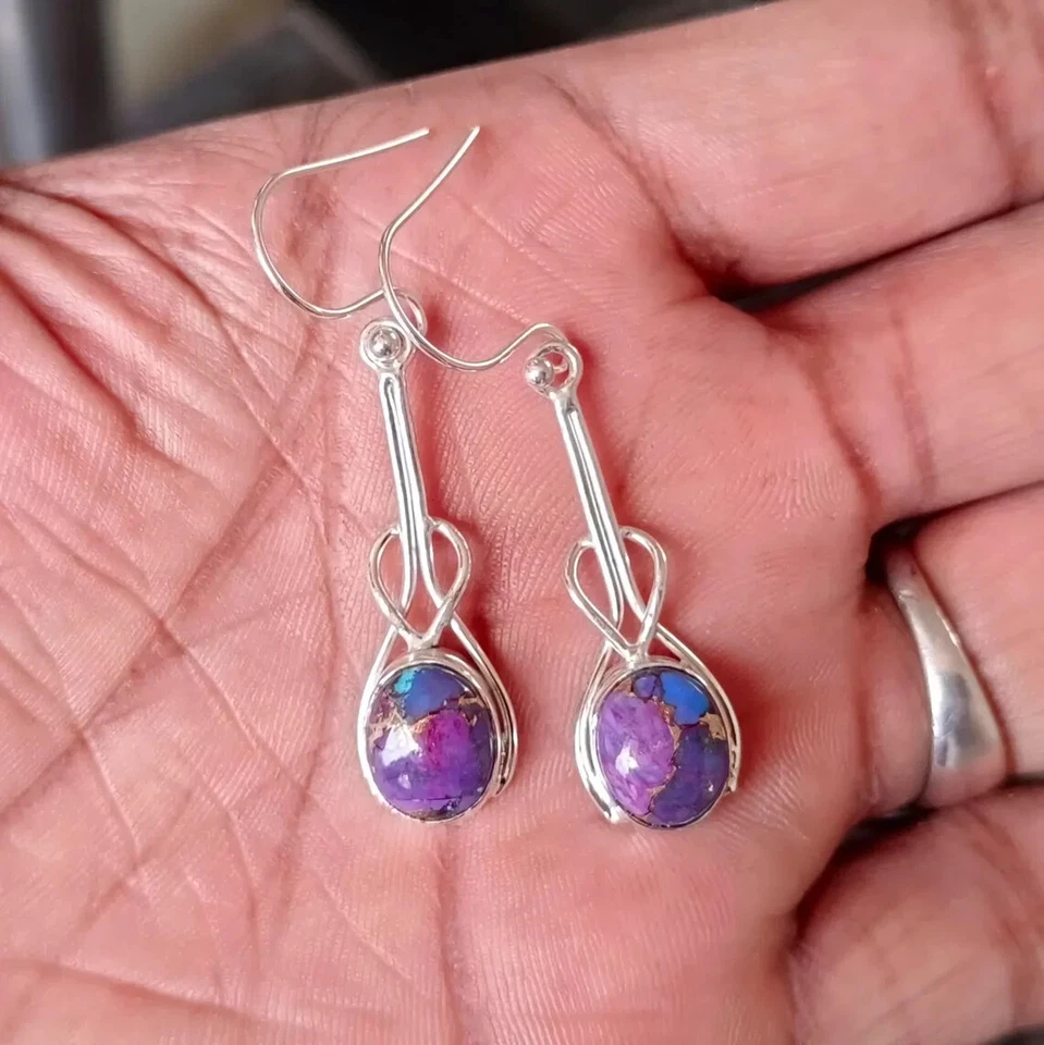 Purple Copper Turquoise Earrings 925 Sterling Silver Handcrafted Jewelry Earring - Image 2 of 3