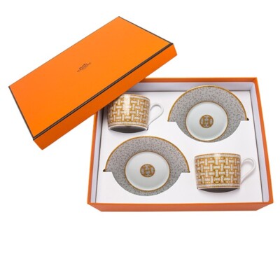 Hermes Mosaique Au 24 Tea Cup and Saucer 2 set gold porcelain 