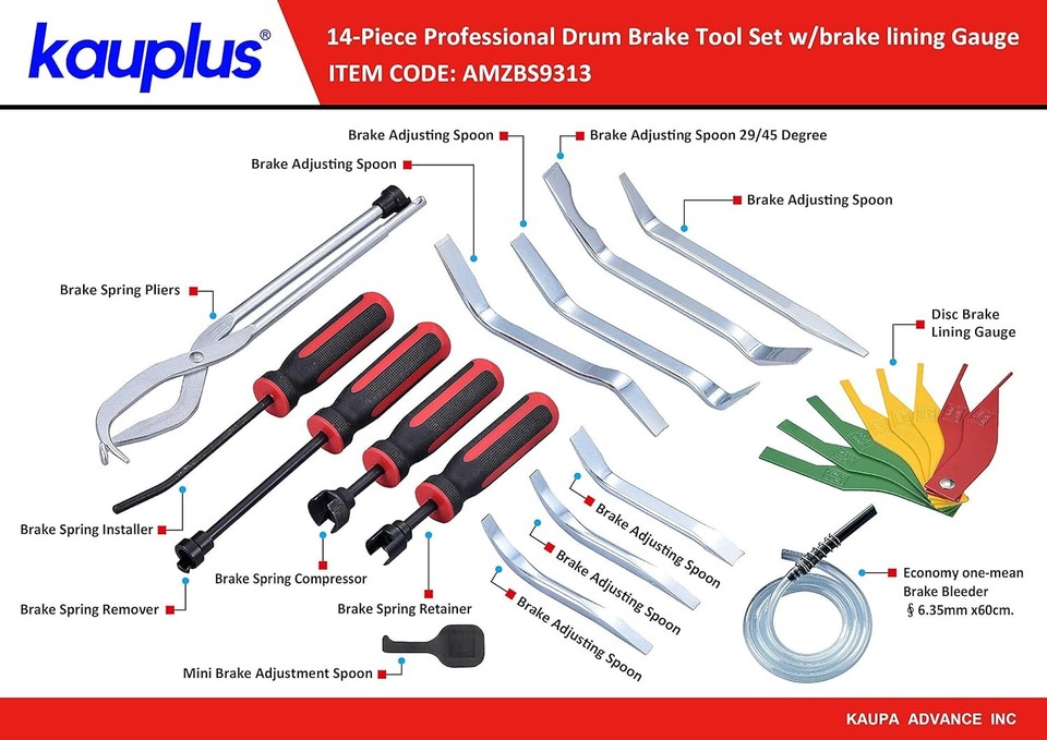 14PC Professional Drum Brake Tool Service Kit w/Brake Lining Gauge for ...