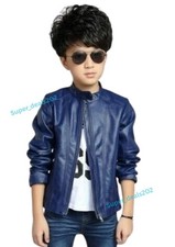 Kids Blue Leather Jacket Lambskin Handmade Stylish Party Wear Coat Youth Outfits