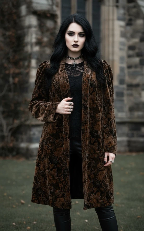 Винтажный портрет коричневый цветочный бархат Midi длины пальто L XL прихотливый хиппи Lux - Изображение 2 из 4