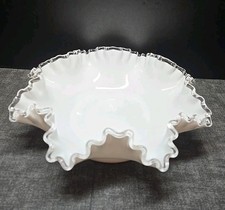 Vtg Fenton White Milk Glass Silvercrest Clear Ruffled Edges Bowl Diameter-11 in.