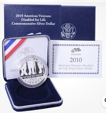 2010 Silver Dollar Proof W American Veterans Disabled for Life COA