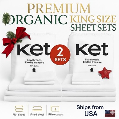 2 Sets Of 100% Organic Cotton KING Bedsheets- Pillow Cases (4 Pieces/each) USA