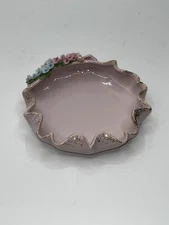 Pink Round Porcelain Trinket Dish Raised Florals Gold Trim Scalloped Edge