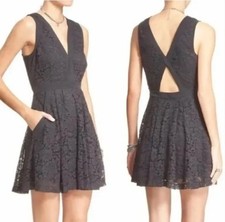 FREE PEOPLE S Black Flare A line dress Lace Overlay Cocktail party Keyhole PTP17