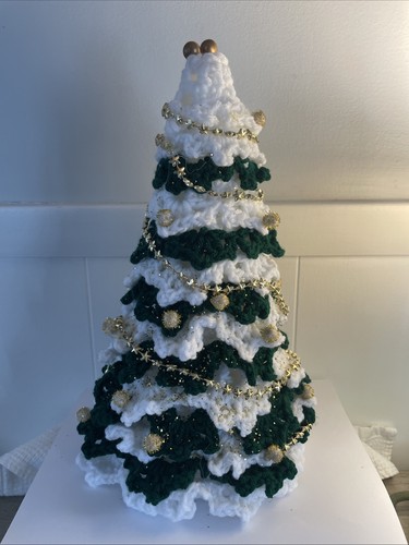 Handmade Christmas Tree Crocheted Green/White 13 Inches