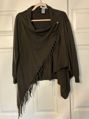 She + Sky Women s Small Olive Green Fringe Drape Cardigan Sweater Cowl Neck Top