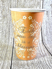 Each New Day Is A Blessing Tall Ceramic Mug Gold Lettering Peach w White Flowers