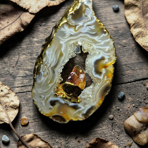 Achat Geode Anhänger mit Citrin  Heilstein Energie  Galvanisiert  Calcit 14