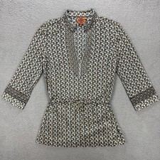 Tory Burch Top Womens 6 Beige Tunic Elephant Print Long Sleeve Blouse Shirt