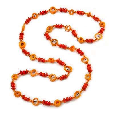 Lange orangefarbene Halskette aus Holz, Glas, Knochen - 110 cm L