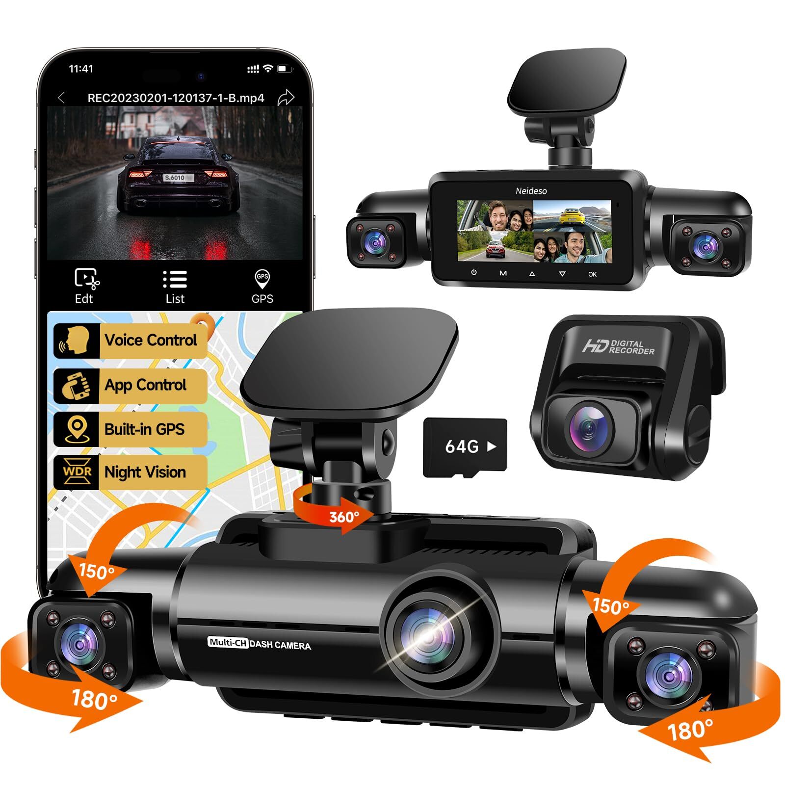 4K Dash Cam Front Rear Inside Wi-Fi GPS Voice 4-Channel FHD Recording-image