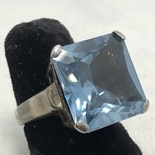 Vintage Signed 925 Sterling Silver Large Blue Topaz Cystal Statement Ring sz 6