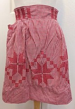 Vintage Half Apron Red  White Gingham w Cross Stitched Snowflakes Small Pocket